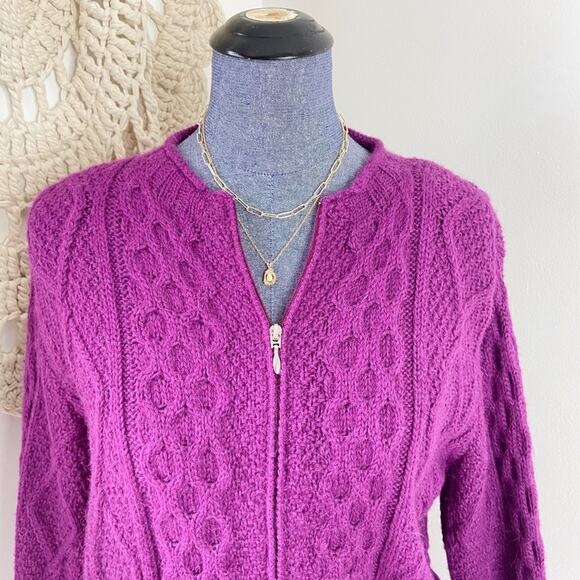 Vintage Women's Alpaca Purple Cable Knit Zip Front Sweater Size Large - Picture 2 of 5